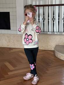 SHEIN Bộ áo len cổ tròn dễ thương thời trang thường ngày cho bé gái có tay dài in họa tiết và quần bó - Màu be - Xem 6