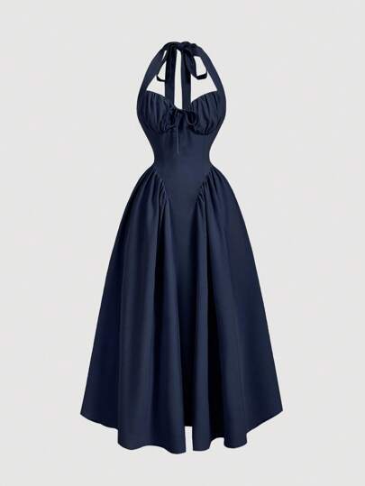 SHEIN MOD Women's Halter Neck Ruched Bow Swing Dress, Navy Color Party Women Outfits,New Years Eve Outfit,Masquerade Ball Dress,Birthday Women Outfits,Sexy Navy Dress,Dress With Bow Dress,Princess Women Dress For New Year