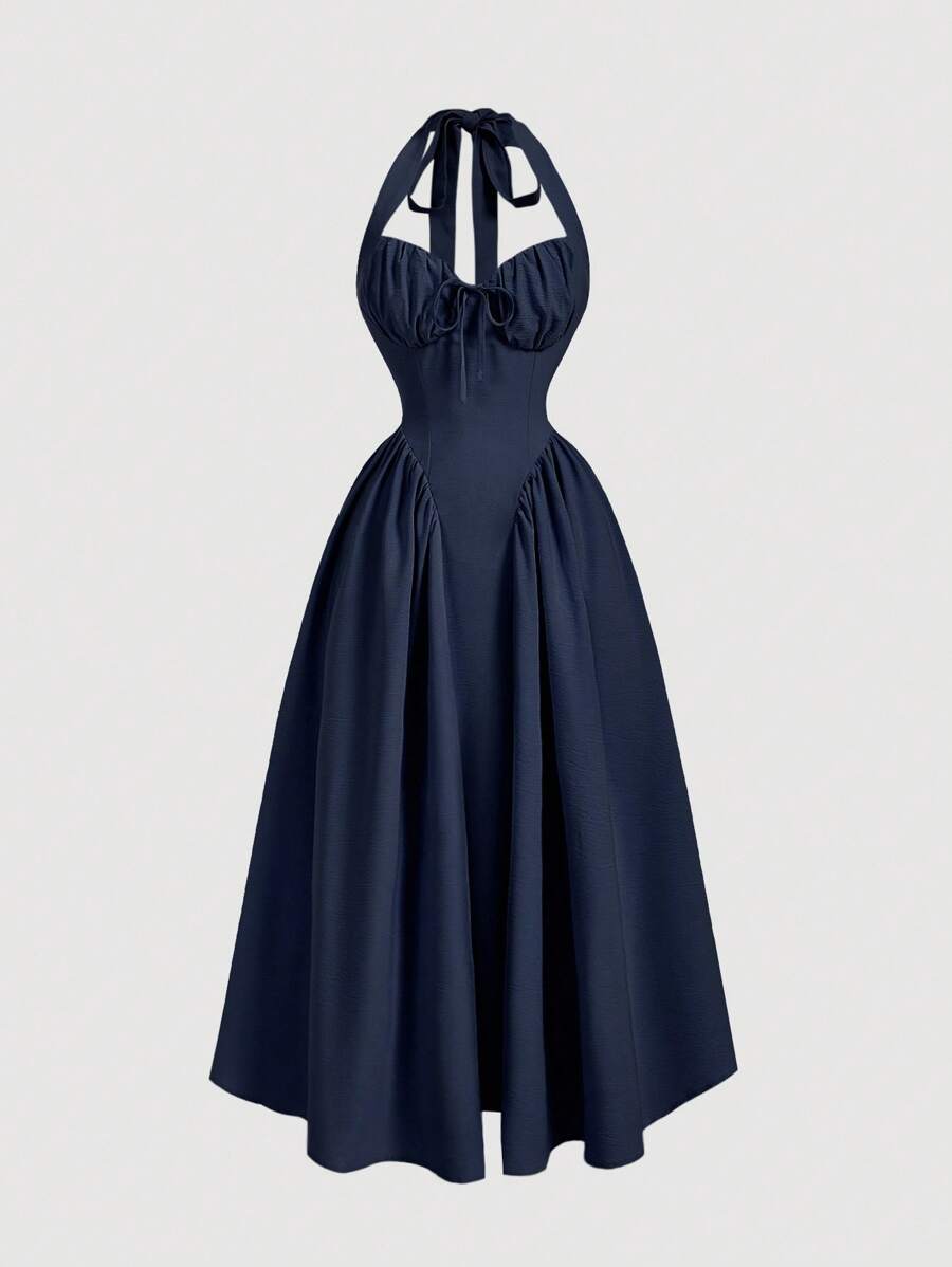 SHEIN MOD Women's Halter Neck Ruched Bow Swing Dress, Navy Color Party Women Outfits,New Years Eve Outfit,Masquerade Ball Dress,Birthday Women Outfits,Sexy Navy Dress,Dress With Bow Dress,Princess Women Dress For New Year - Navy Blue - View 1