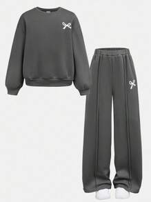 Tween Girls Casual Bow Print Knit Solid Color Loose Dropped Shoulder Long Sleeve Hoody And Wide Leg Sweatpants Set Teen Girls Clothing Sets Teen Sweatsuit Set Girls 2 Piece Outfits Tween Girls Sweatsuit Set Sweat Sets For Tweens Fall Winter - Grey - View 14