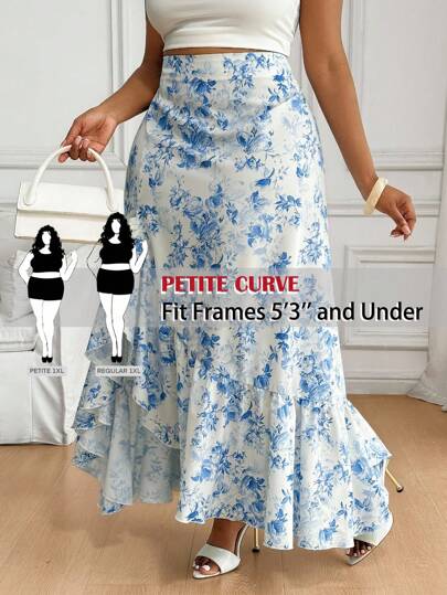 SHEIN PETITE CURVE 大码女式花卉印花鱼尾下摆度假半身裙