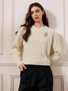 Briarwyn 女士休闲字母刺绣 V 领落肩长袖毛衣，秋季女士，冬季女士，老钱风格，返校，复古女士，女士教师 - 米色 - 查看 2