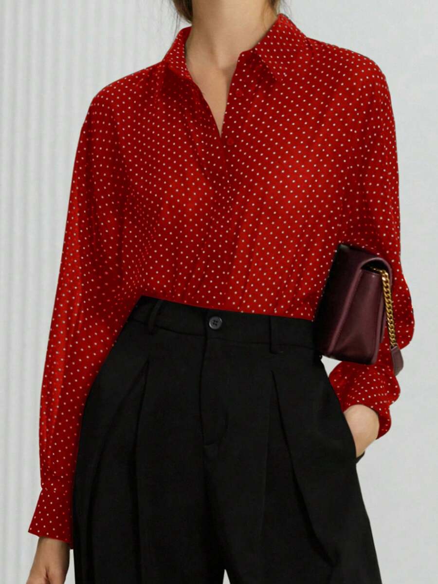 Aveloria Modichic 简约黑白波点雪纺透明领长袖衬衫，百搭春夏女士 - 紅色 - 查看 1
