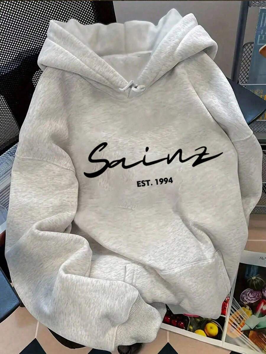 SHEIN Áo hoodie dài tay in chữ hở vai thường ngày dành cho nữ mùa thu - Màu Xám nhạt - Xem 1