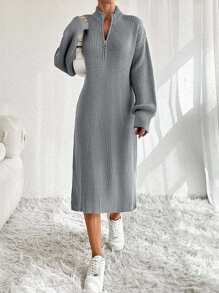 EURMUSE Women Knit Sweater Dress With Zipper Detail,Petite - Light Grey - View 4