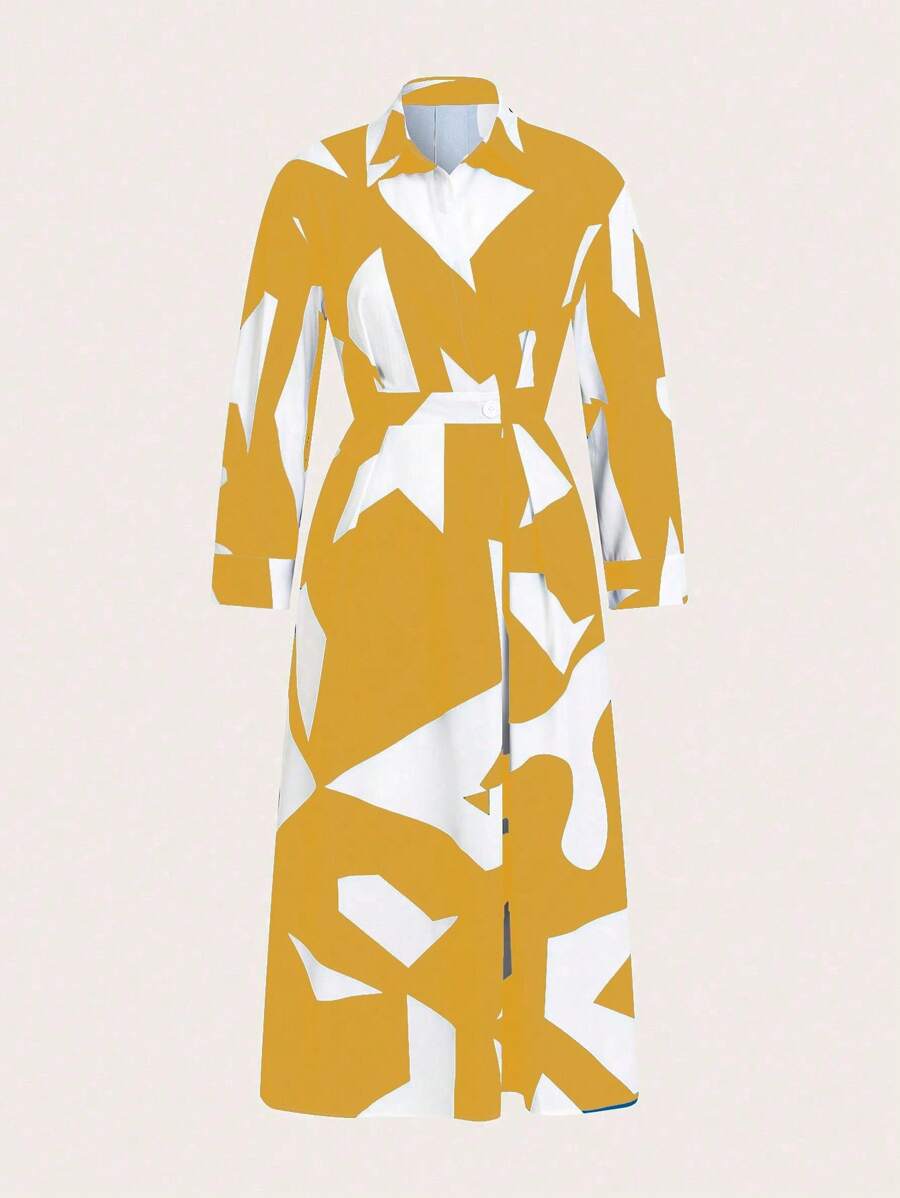 SHEIN Clasi 女士随机印花简约日常连衣裙长款女装 - 黃色 - 查看 1