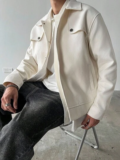 Manfinity Homme 男士纯色单排扣休闲宽松白色大衣，街头风，秋冬款