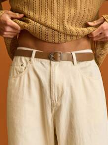 Musero Wide Leg Zip And Button Fastening Denim Jeans Pants Spring Summer Holiday Vacation - Apricot - View 5