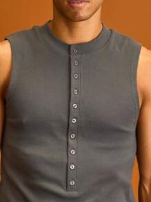 Musero Ribbed Button Through Long Line Tank Top Summer Tops Summer Holiday Vacation - Dusty Blue - View 5