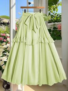 SHEIN Clasi 女士纯色打结腰部荷叶边下摆优雅 A 字裙