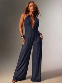 Denimoi Plus Size Knit Faux Denim Plunge Neck Halter Jumpsuit With Gold Necklace Hardware - Royal Blue - View 5