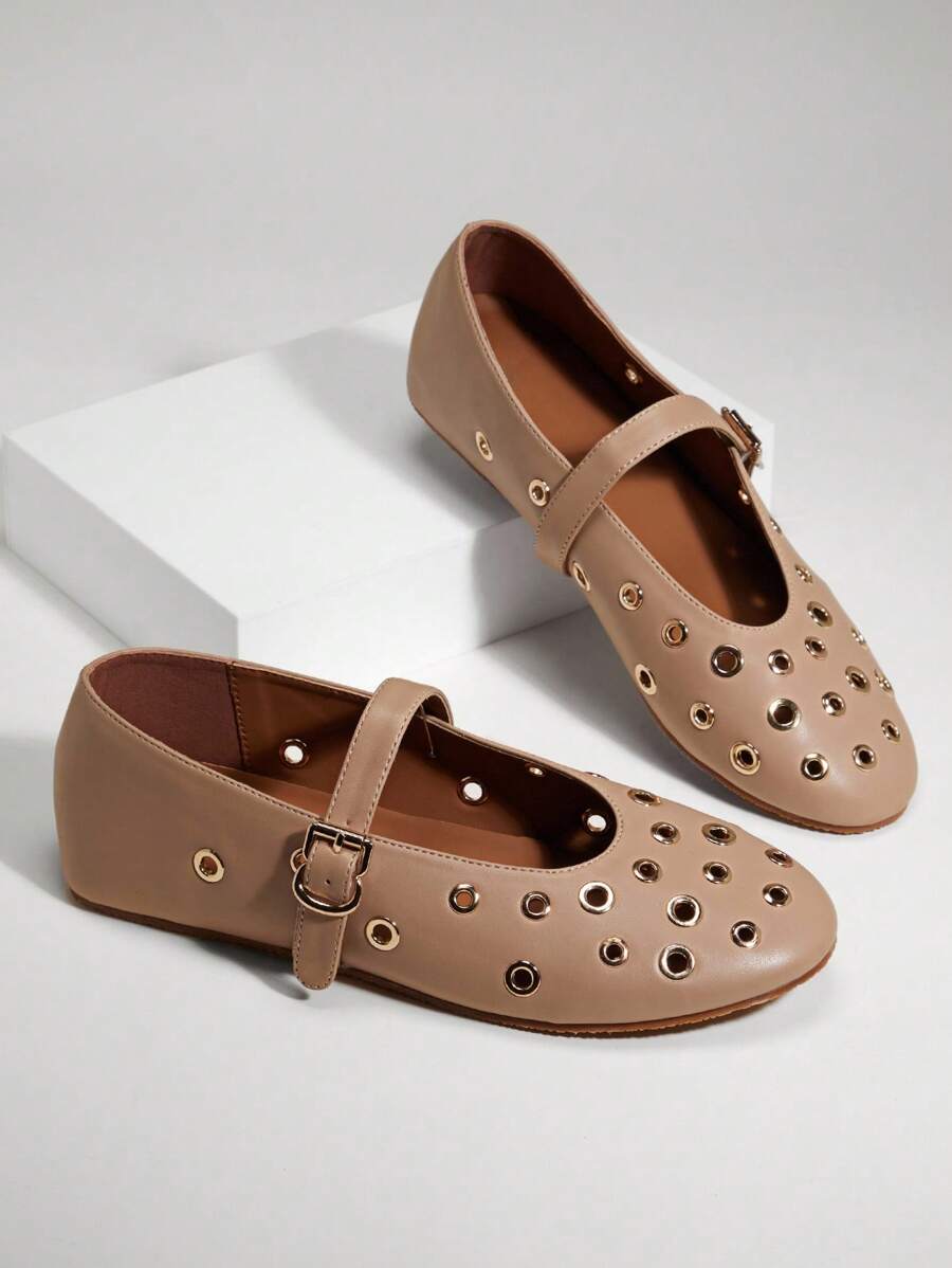 SHUZIA Elegant Ladies' Beige Pu Grommet Ballet Mary Jane Flat Round Toe Buckle Strap Casual Office Comfort Slip-On Spring Summer Vacay Shoes