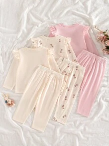 SHEIN Vintaside Kids 0-3歲女嬰長袖圓領套裝，可愛植物與兔子圖案，秋冬時尚套裝，6件組 - 彩色 - 查看 2