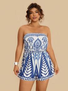 SHEIN VCAY Plus Size Women's Casual Tropical Geometric Hand Painted Print Halter Jumpsuit/Romper, Suitable For Summer & Autumn