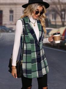 SHEIN LUNE Áo khoác vest không tay cổ ve kẻ caro cho nữ - màu xanh lá - Xem 4