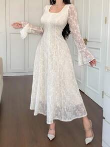 DAZY 女士方领花卉蕾丝喇叭袖优雅中长连衣裙 - 米色 - 查看 5