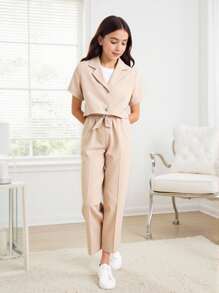 SHEIN Tween Girl Lapel Neck Blouse & Belted Wide Leg Cami Jumpsuit - Multicolor - View 3