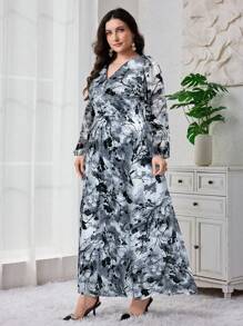 Modelyn 大码女式花卉印花 V 领透明灯笼袖优雅连衣裙长款晚礼服 - 藍色 - 查看 4