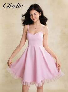 少女连衣裙，蝴蝶结装饰迷你吊带裙，腰部收褶方领，适合度假、户外、学校、春夏季 - 粉色 - 查看 4