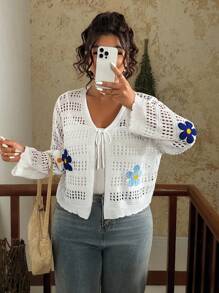 SHEIN VCAY Plus Size Vacation Casual 3D Floral Decor Hollow Front Tie Women Knitted Cardigan Sweater, For Autumn