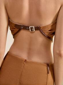 SHEIN Unity Women's Stretch Suede Colorblock Trim Bandeau Top Fall Country Concert - Brown - View 3