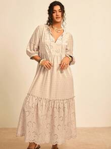 Freevana Đầm suông rộng rãi thường ngày thêu tay đèn lồng tua rua cho nữ cỡ lớn đi nghỉ mát Burnout - Màu Khaki - Xem 4