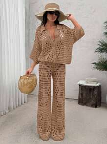 EURMUSE Women Hollow Out Cut Out Button Front Knit Shirt Top And Sweater Pant 2pcs Set Co-Ords Cover Up Beach Set - Camel - View 3