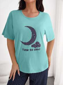 SHEIN Set pijamale Cottonline 2 piese mărime mare, cămașă cu mânecă scurtă și imprimeu cu lună în culori contrastante, model stele