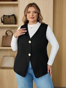 SHEIN CURVE+ Curve 大码/秋装/秋季女装/女士冬装/冬装大码女士休闲简约别致金属扣背心，杏金色纽扣，适合通勤、工作、上学季节、新年 - 黑色 - 查看 7