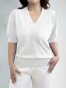 EMERY ROSE Suéter de punto de manga corta de unicolor informal de talla grande para otoño e invierno - Blanco - Ver 1