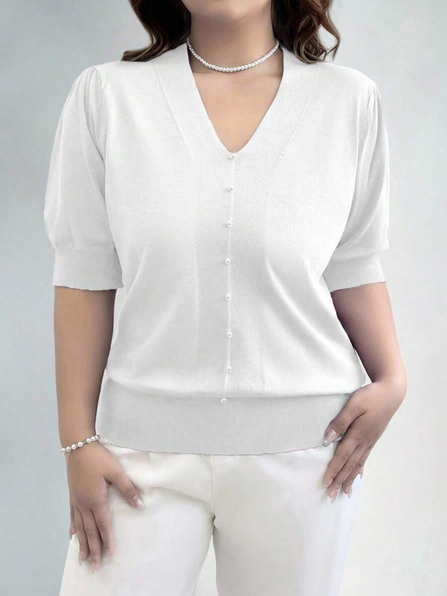 EMERY ROSE Suéter de punto de manga corta de unicolor informal de talla grande para otoño e invierno - Blanco - Ver 1