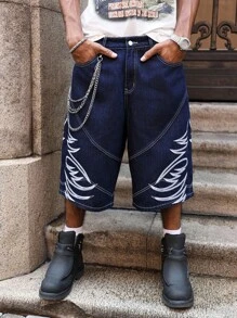 Manfinity Streetrush Summer Street Niche Embroidery Men's Denim Shorts Graphic Baggy Jeans Jnco Jeans Men Hang Out Street Tropical