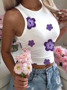 Mulvari 花卉图案圆领紧身女式背心，适合夏季 - 彩色 - 查看 4