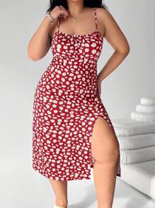 Solflare 大码女装、沙滩装、波西米亚风、春装、节日派对加大连衣裙、夏威夷女装、休闲女装、细肩带印花开衩下摆休闲连衣裙 - 紅色 - 查看 5