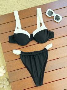SHEIN Swim 夏季新款純色拼接鋼圈托高厚肩帶後扣性感海灘比基尼套裝女款分體泳衣 - 黑與白 - 查看 3