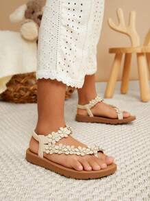 Mini mi #FairyTale 女童花卉珍珠装饰素食皮革奶油色弹力后跟 T 型带凉鞋 - 舒适适合夏季玩耍、泳池派对、盛装场合 - 米色 - 查看 2