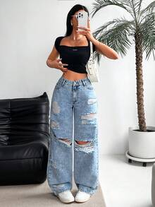SHEIN EZwear 大码休闲水洗做旧直筒牛仔裤 - 藍色 - 查看 2
