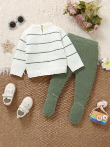 SHEIN 婴儿毛衣套装 - 圆领条纹长袖上衣 + 松紧腰紧身裤，2 件套休闲装 - 綠色 - 查看 2