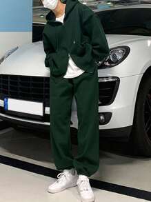 DAZY Men's Solid Green Color Hoodie Hooded Sweatshirt Set, For Autumn - Green - View 6