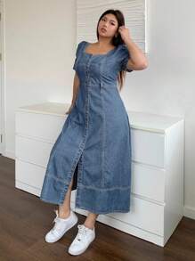 Dazy Plus Đầm maxi denim dáng ôm, cổ vuông, tay phồng, màu xanh đậm, cỡ lớn, thích hợp cho mùa xuân/hè. - Rửa nhẹ - Xem 5