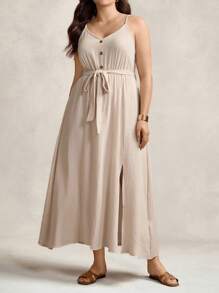 Zelara Plus Size Women's Apricot Textured Fabric Side Split Long Dress Comfortable Cotton Navycore Outfits - Apricot - View 7