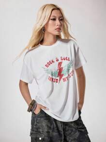 NEARLY THERE Maglietta casual oversize con stampa vintage ispirata al punk, grunge e rock and roll, adatta per l'autunno e l'inverno e i festival musicali. Magliette oversize con grafica, magliette larghe da donna, magliette oversize, magliette da donna stile band, maglietta rock and roll, stile Y2K anni 2000, top carino, di ritorno a scuola, club, sexy per donne - Bianco - Visualizzare 3