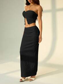 SHEIN PETITE 女士米色纹理针织抹胸短裤套装，春季服装，狂欢节服装，女士西部服装，女士沙滩装 - 黑色 - 查看 5