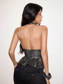 ORANGE STUDIO Women Rivet Design Solid Sleeveless Halter Tank Top Suitable For Summer Backless Halter Top Y2K 2000s Cute Top Back To School Club Sexy Going Out Tops - Dark Grey - View 2