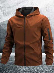 Manfinity Homme Men's Casual Solid Color Hooded Zip-Up Outdoor Windbreaker Jacket, Men Brown Hoodies, Tactical Jacket Men, Tech-Wear Jacket, Fall