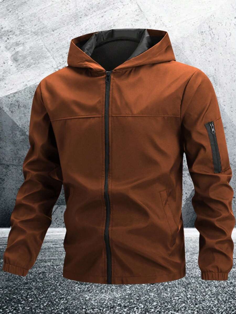 Manfinity Homme Men's Casual Solid Color Hooded Zip-Up Outdoor Windbreaker Jacket, Men Brown Hoodies, Tactical Jacket Men, Tech-Wear Jacket, Fall