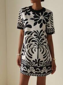Vesra Printed Round Neck Short Sleeve Mini Summer Dress