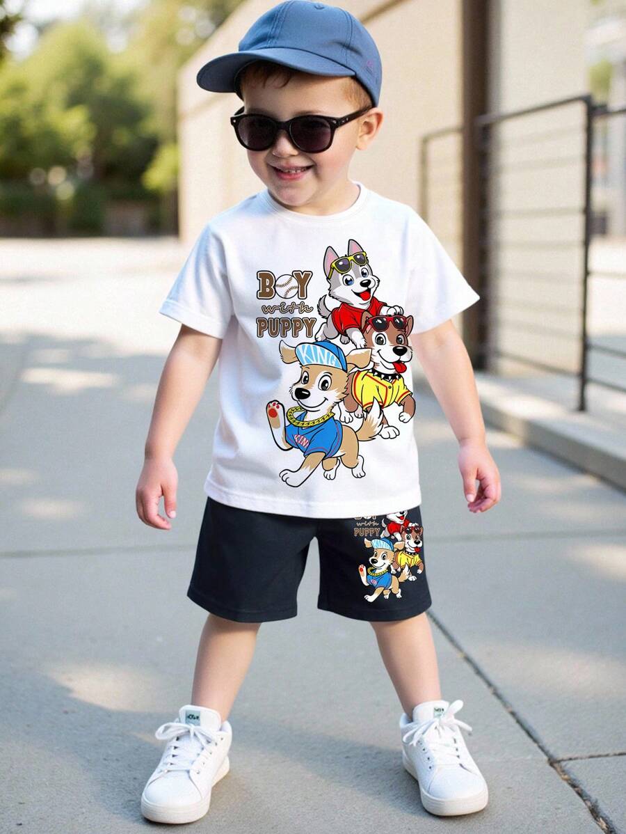 SHEIN 2pcs Boys Casual Minimalist Short Sleeve Top And Shorts Set, Suitable For Summer Boy With Puppy Clothes Cartoon Graphic Tee Boys Kids Clothes Boys Summer Outfit Set Boys Clothes Set Dog Graphic Tee Shirt Boys - White - View 1