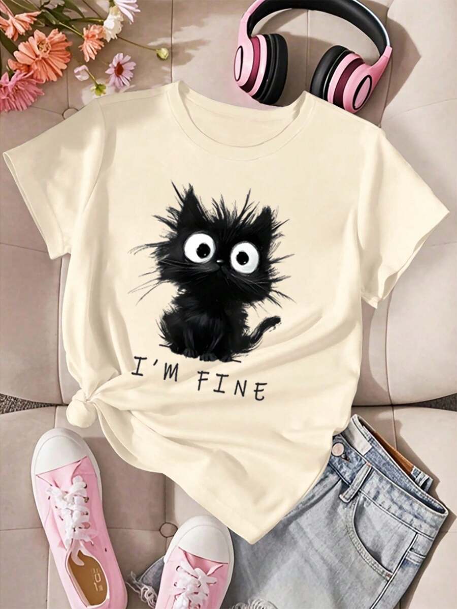 Tween Girls Casual Comfortable Minimalist Cat Graphic Short Sleeve Round Neck T-Shirt, Suitable For Summer, School, Campus, College - Beige - View 1