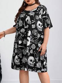 SHEIN CURVE+ Curve 大码/秋装/秋季女装/女冬装/冬装大码休闲简约骷髅印花大码短袖连衣裙，黑白骷髅图案万圣节连衣裙大码骷髅连衣裙大码哥特连衣裙骷髅玫瑰连衣裙哥特式连衣裙大码巫术大码连衣裙秋季女装，冬季，CURVE PLUS